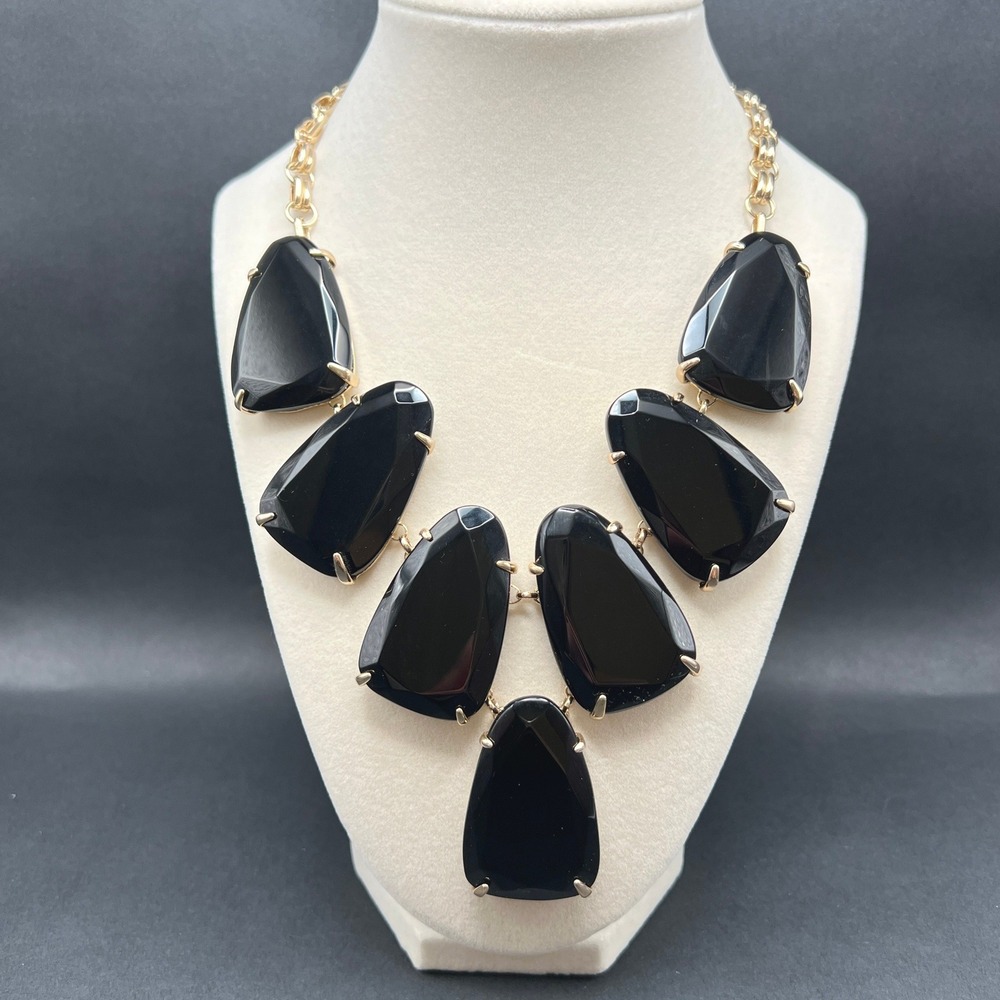 Kendra Scott Harlow Necklace Black Onyx Gold Tone Chunky Faceted Dust Bag EUC